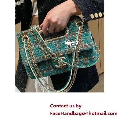 Chanel Wool and Silk Tweed, Glass and Wooden Pearls  &  Gold-Tone Metal Large Flap Bag with Top Handle AS4221 2023